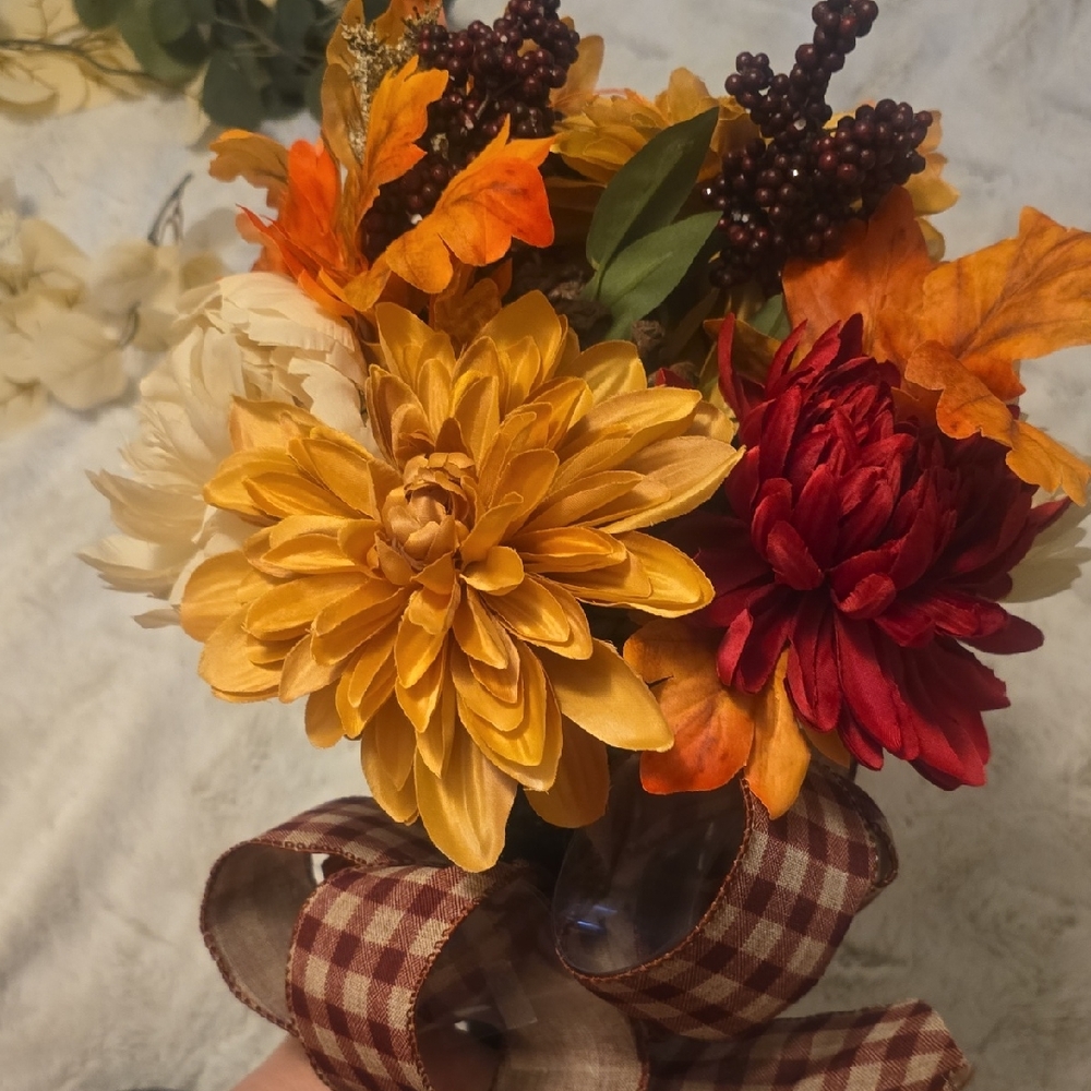 2/20Ashland Autumn Faux Floral Bouquet with Ribbon